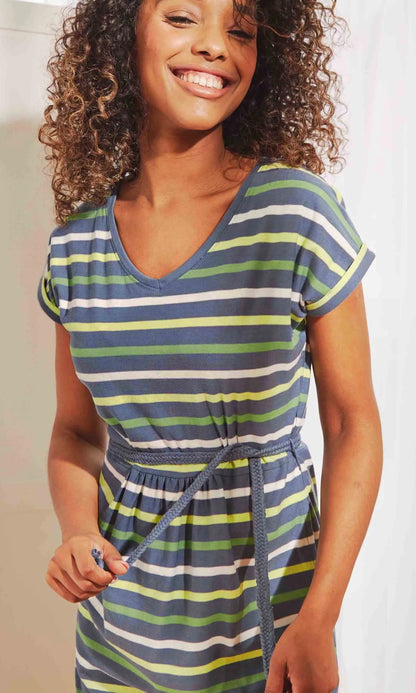 Women's Maliha dress from Weird Fish in China Blue with Green and White stripes.