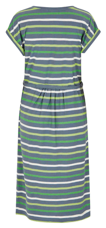 Women's Maliha short sleeve jersey dress from Weird Fish in China Blue with green and white stripes and a tie waist.