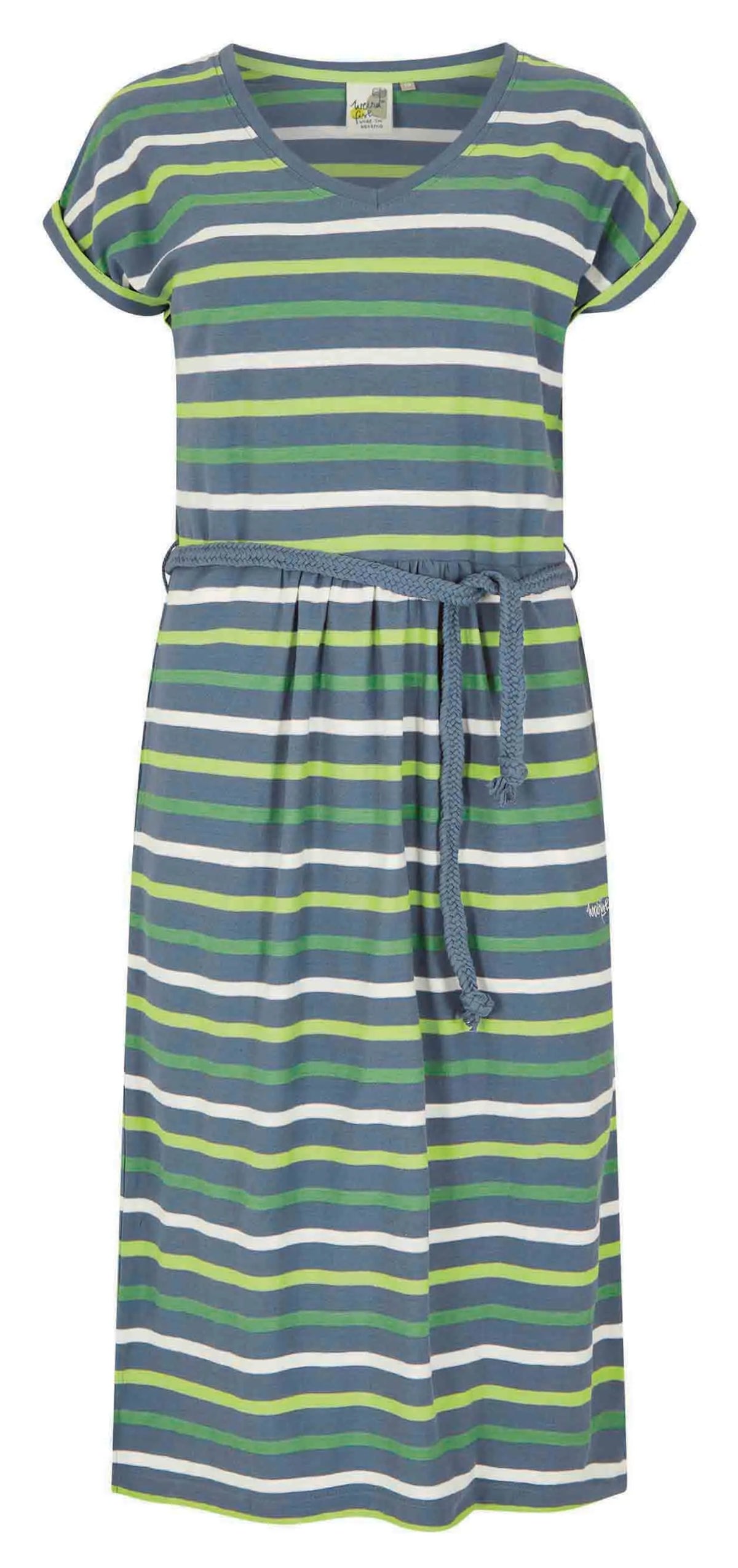 Women's Weird Fish Maliha stripe pattern jersey dress in China Blue and Green with short sleeves, v-neckline and tie waist.