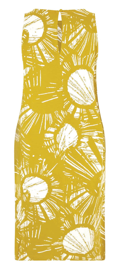 Weird Fish women's bold floral pattern Adena sleeveless shift dress in Warm Olive.
