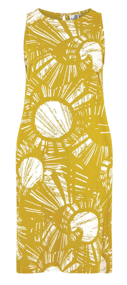 Women's Adena sleeveless shift dress from Weird Fish in Warm Olive with a bold floral abstract print.