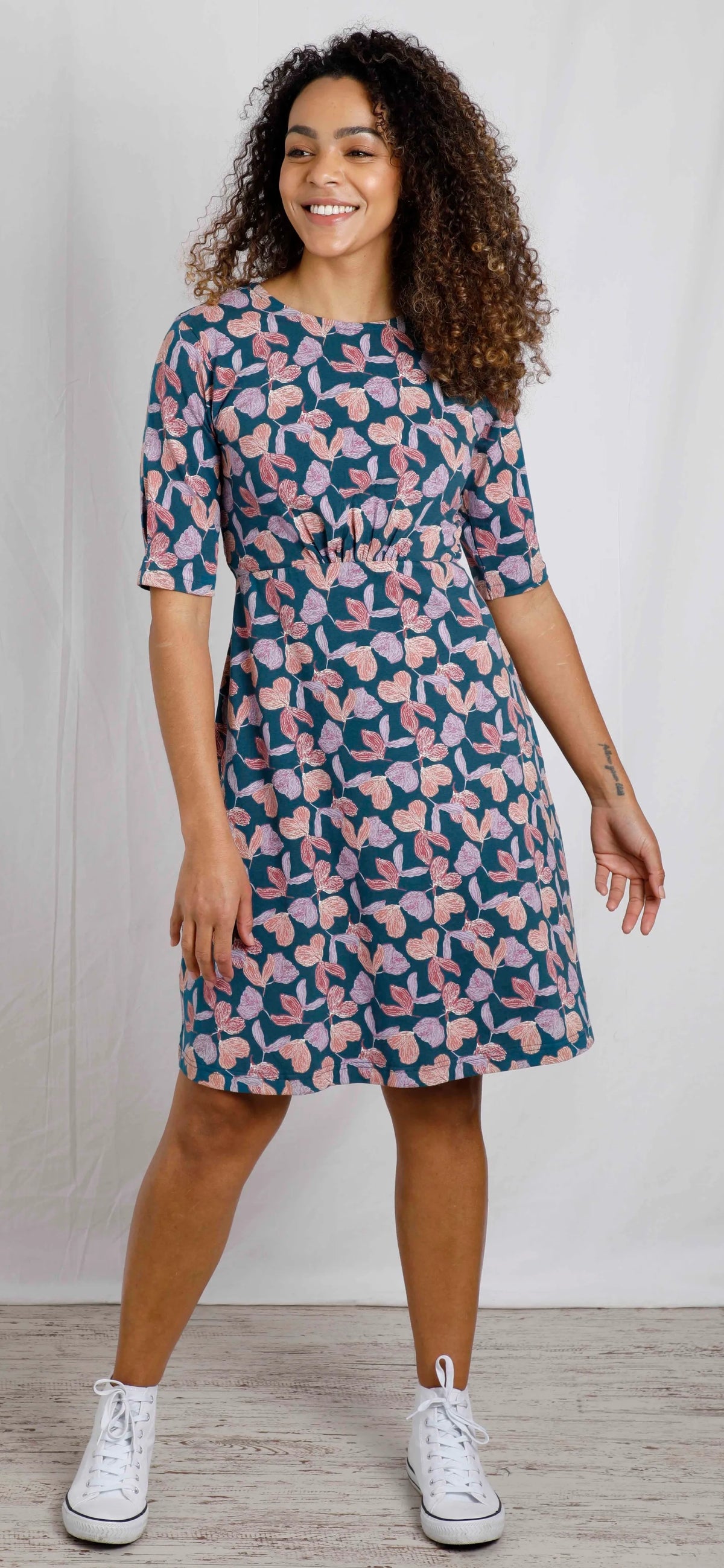 Weird Fish women's knee length Cassandra floral print dress in Deep Sea Blue.