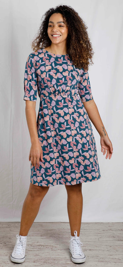 Weird Fish women's knee length Cassandra floral print dress in Deep Sea Blue.