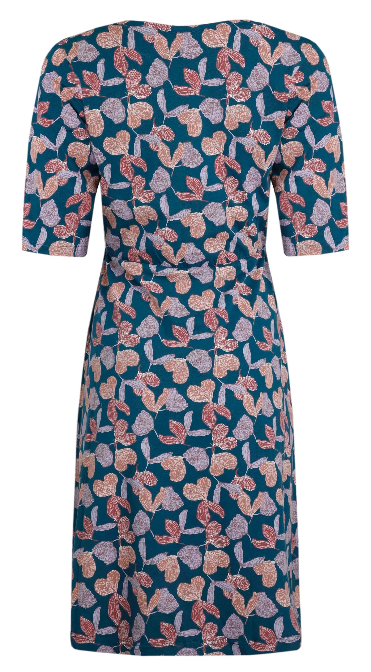 Half length sleeve women's swing dress from Weird Fish in Deep Sea Blue with a purple and red floral print.