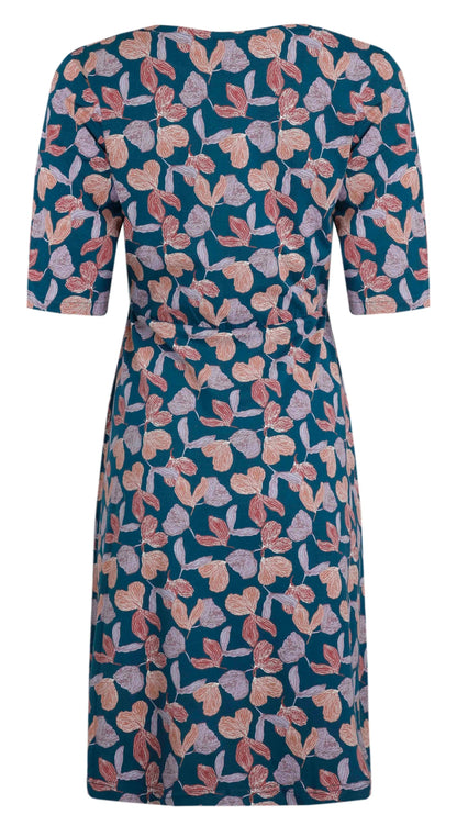Half length sleeve women's swing dress from Weird Fish in Deep Sea Blue with a purple and red floral print.
