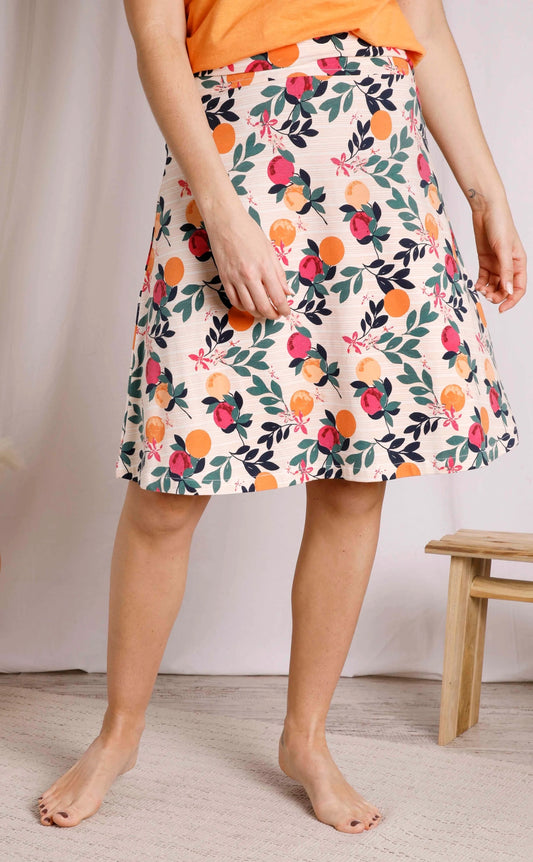 Weird Fish women's 202756 Malmo jersey skirt with Cantaloupe fruit print.