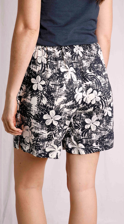 Women's Dark Denim Blue and White viscose Sundance shorts from Weird Fish with floral print, elasticated waist and hip pockets.