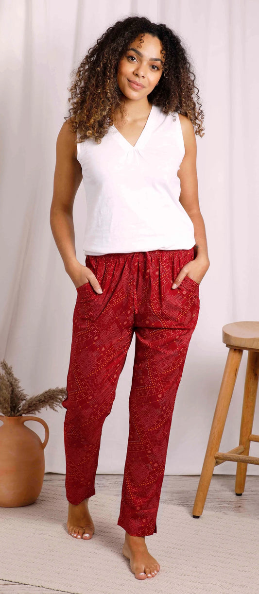 Weird Fish women's Tinto eco viscose printed trousers in Chilli Red.