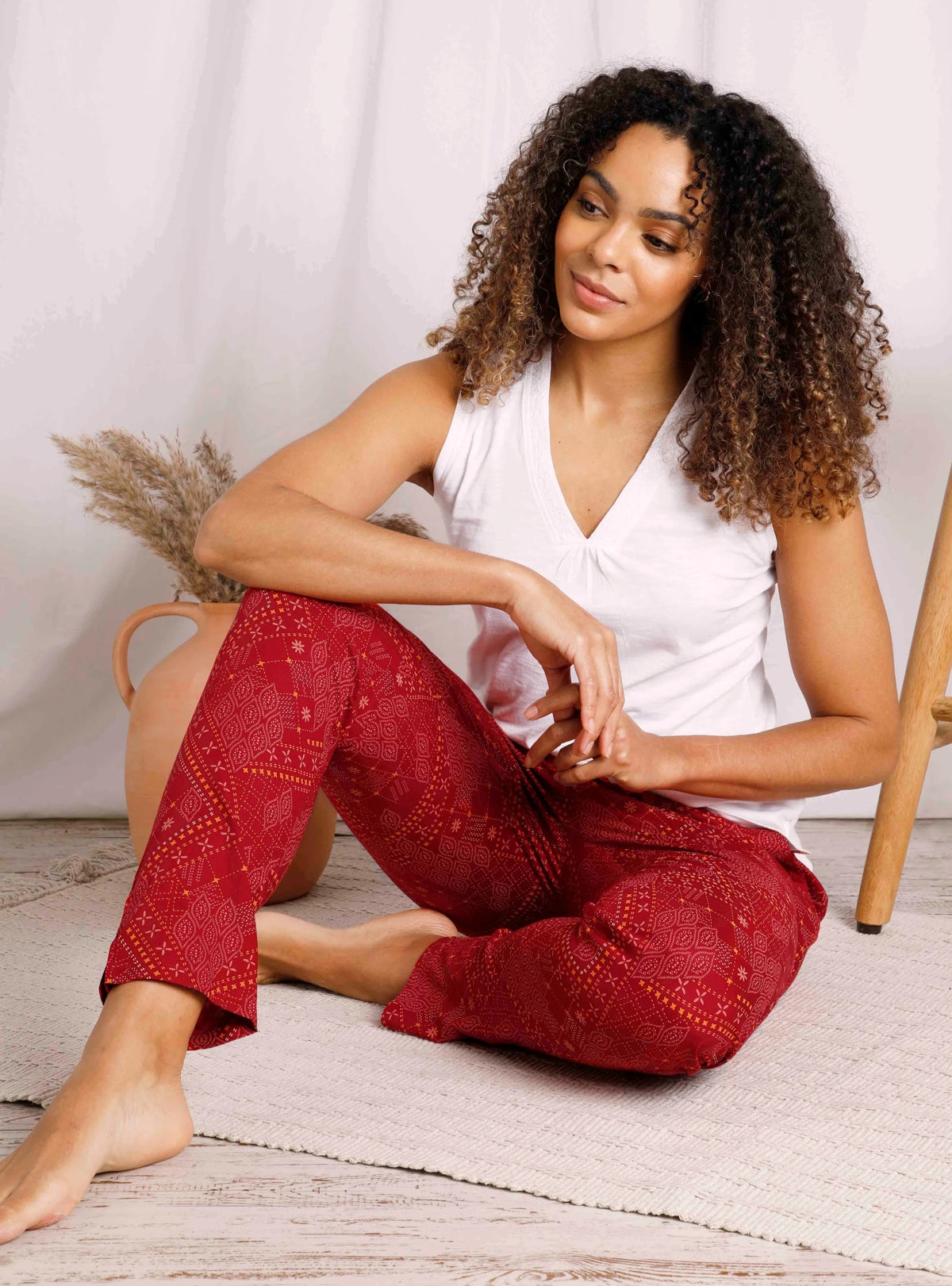 Women's Chilli Red Tinto viscose trousers from Weird Fish with a Moroccan inspired pattern.