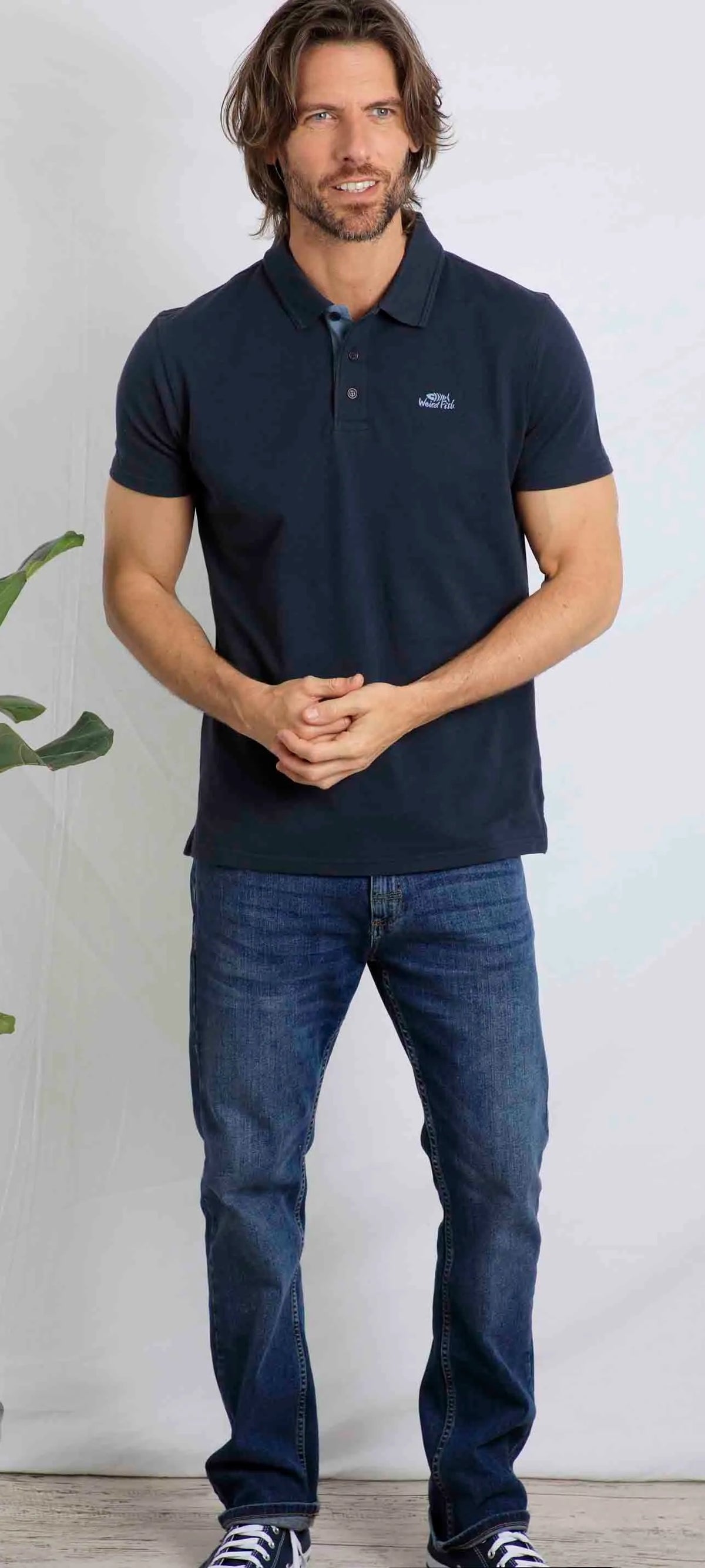 Short sleeve men's pique Miles polo shirt in Navy from Weird Fish.