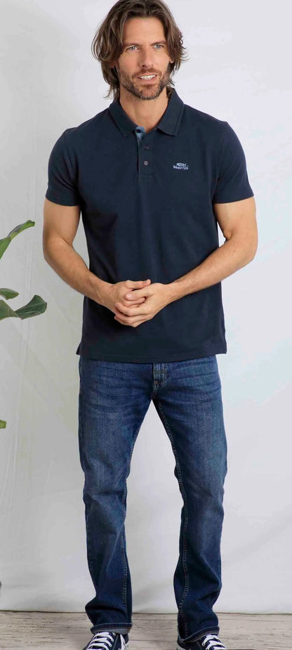 Short sleeve men's pique Miles polo shirt in Navy from Weird Fish.