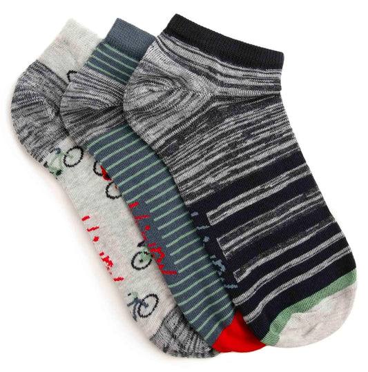Weird Fish men's navy Rolph three pack trainer socks with stripe and bicycle patterns.