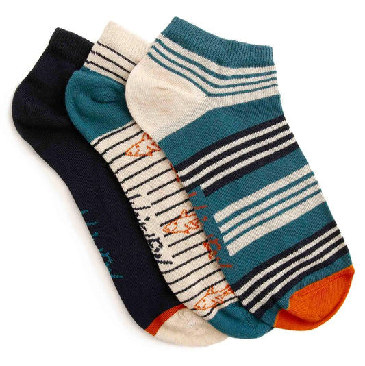 Weird Fish men's navy Rolph three pack trainer socks with stripe and shark patterns.