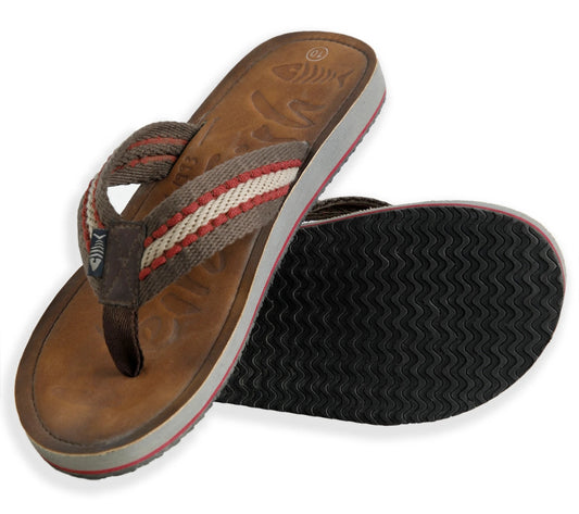 Men's Weird Fish Malham faux leather flip flops with a woven cotton strap and logo printed footbed.