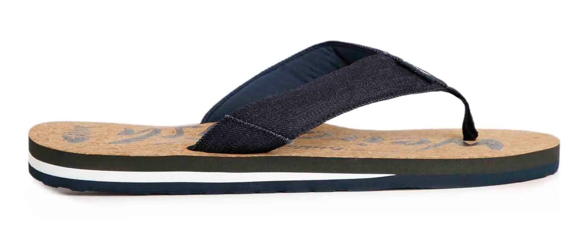 Denim strap cork effect sole men's Corkham flip flops from Weird Fish.