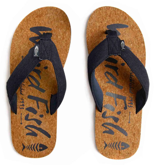 Men's Weird Fish Corkham cork effect sole flip flops with a Denim strap and logo printed footbed.
