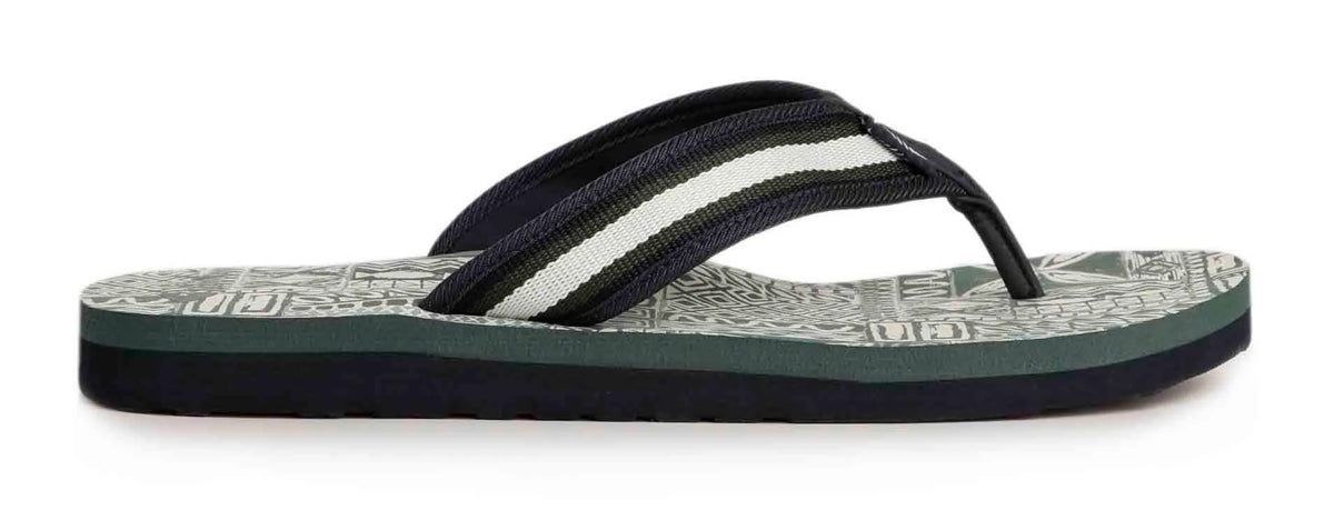 Men's Weird Fish Derwent flip flops in Dusky Green with stripe canvas strap and tile print footbed.