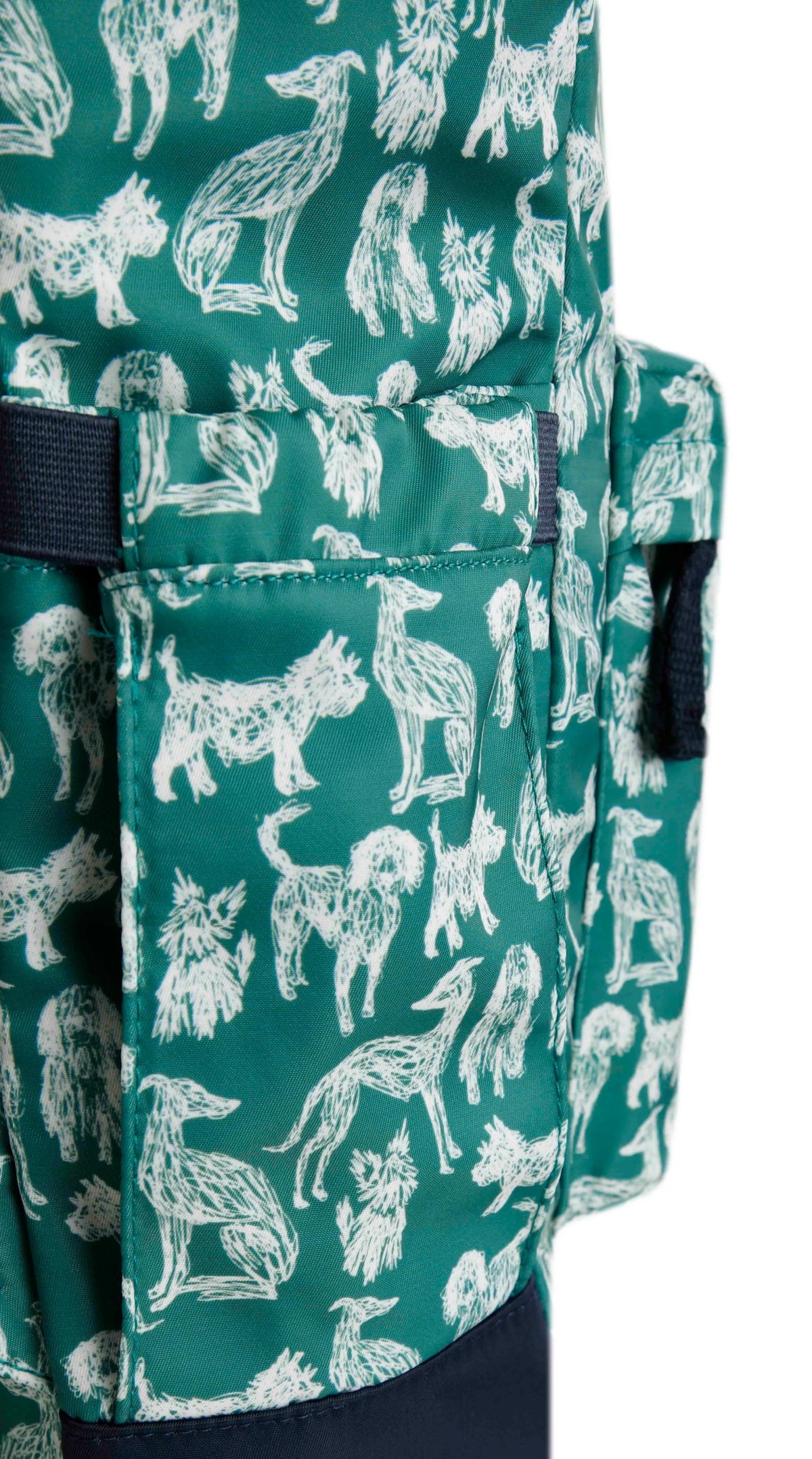 Nahla sketch style dog print backpack bag from Weird Fish in Dark Jade Green with bottle pockets.