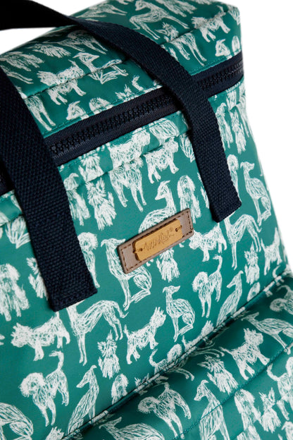 Nahla sketch style dog print backpack bag from Weird Fish in Dark Jade Green.