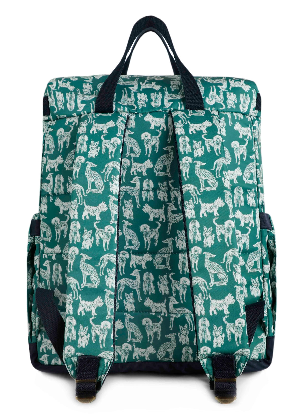 Nahla dog printed backpack from Weird Fish in Dark Jade Green with padded adjustable straps.