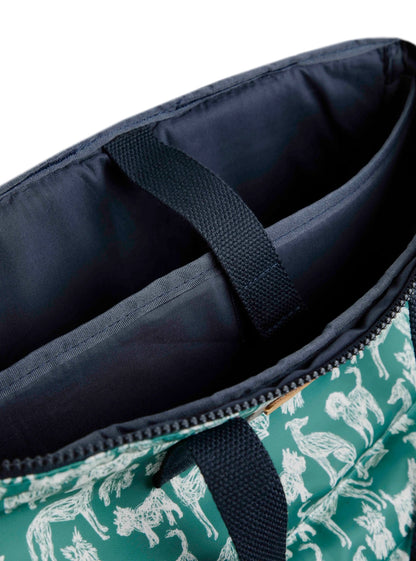Nahla sketch style dog print backpack bag from Weird Fish in Dark Jade Green with laptop pocket.