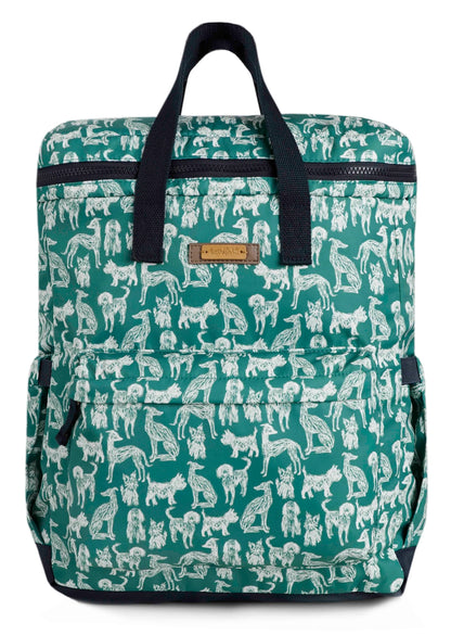 Nahla sketch style dog print backpack from Weird Fish in Dark Jade Green.