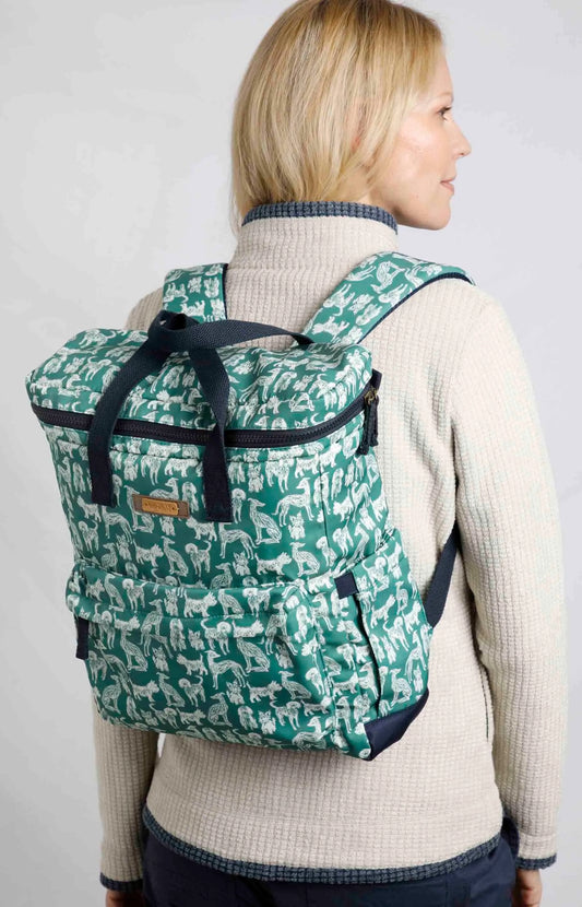 Nahla dog print backpack from Weird Fish in Dark Jade Green.