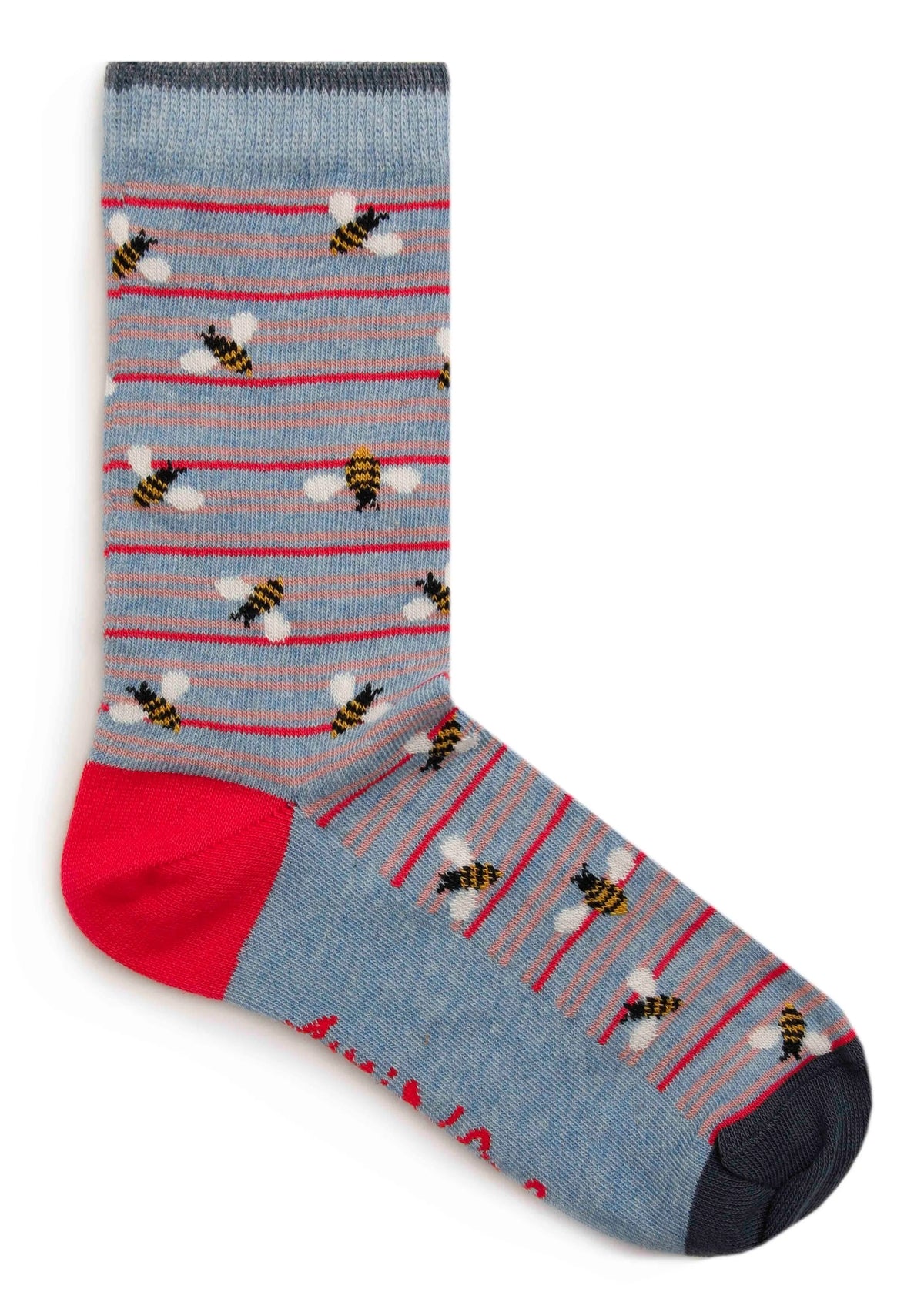 Women's Weird Fish Parade socks in a blue stripe with bee pattern.