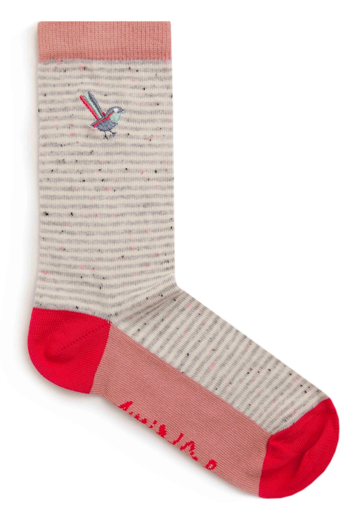 Women's Weird Fish Parade socks in a grey stripe pattern with embroidered bird.