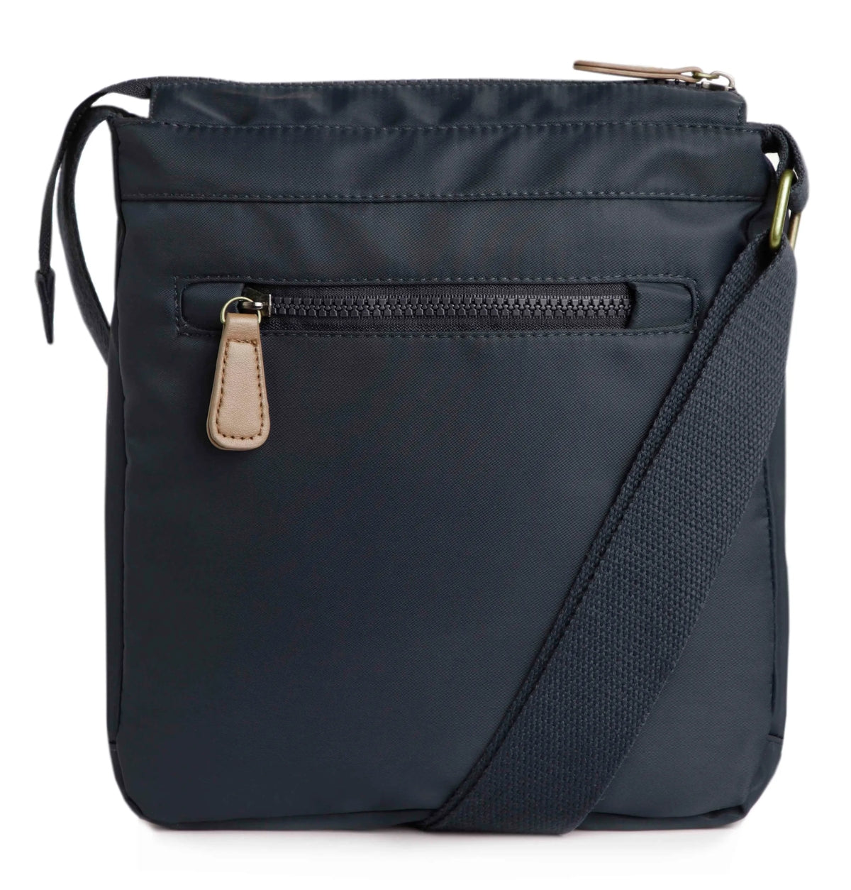 Small navy cross body Arman bag from Weird Fish with back zip pocket.