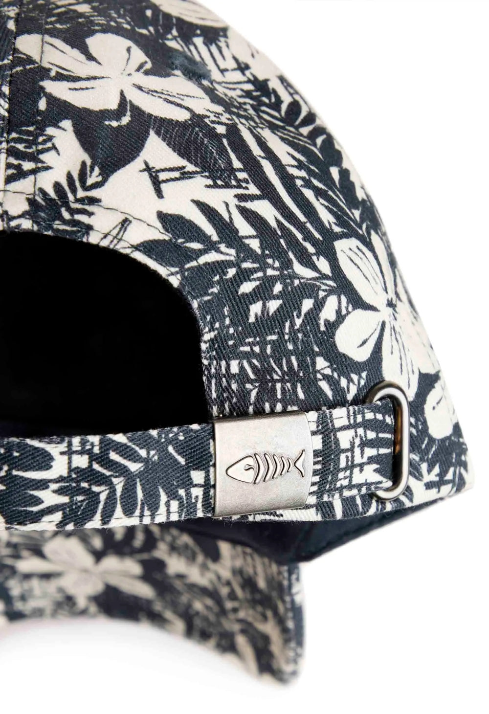 Adults Rigg cap from Weird Fish in Dark Denim Blue and White floral print with metal buckle back.