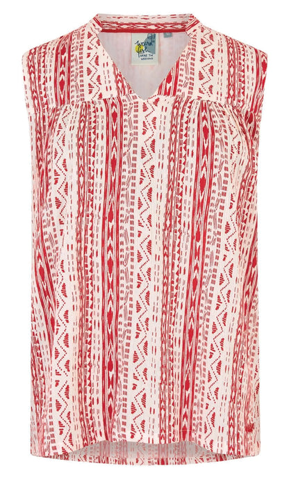 Women's Atika cheesecloth fabric vest from Weird Fish with a rouge and white Aztec style pattern.