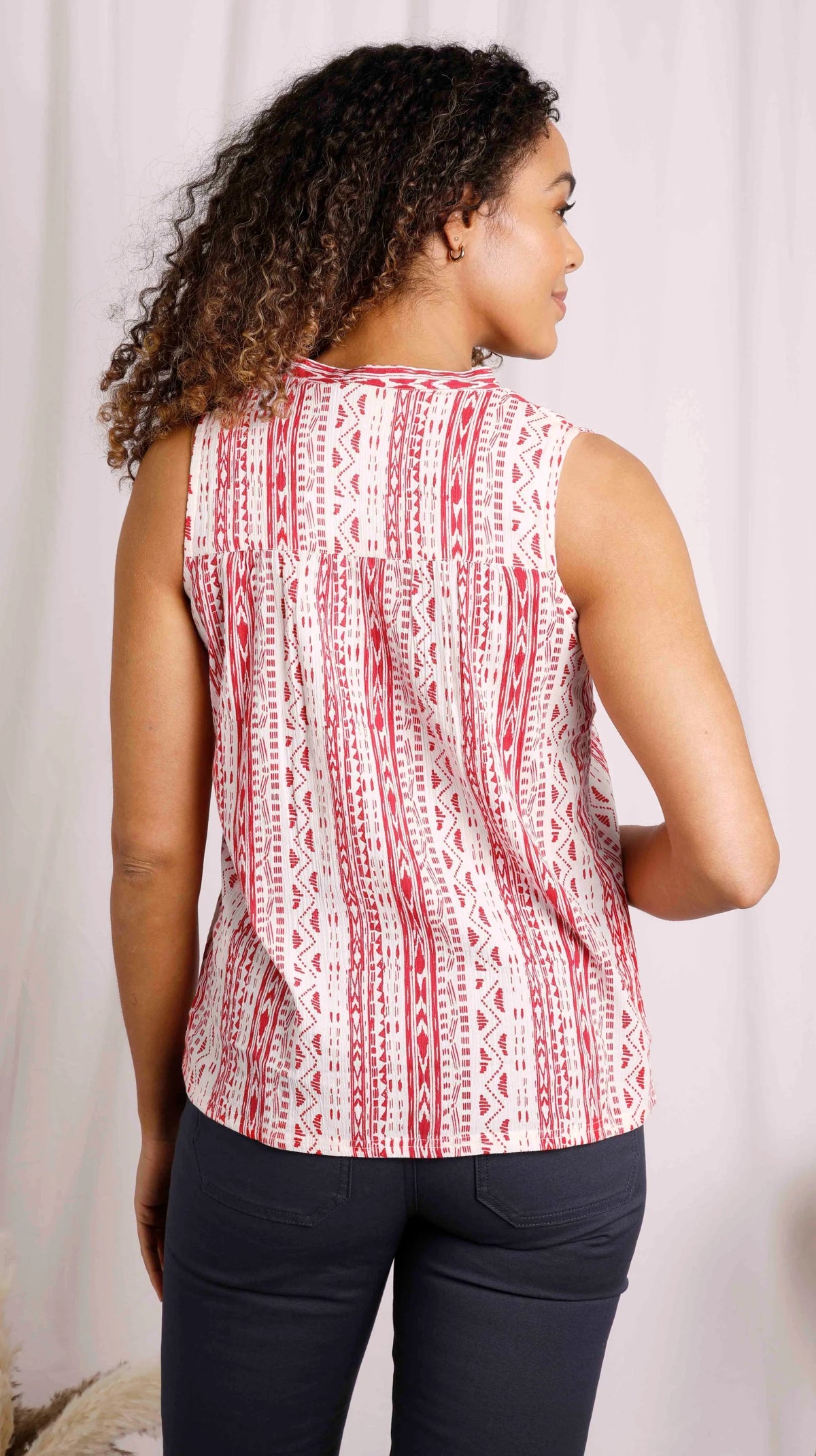 Women's Aztec style printed Atika vest from Weird Fish in rouge and white.