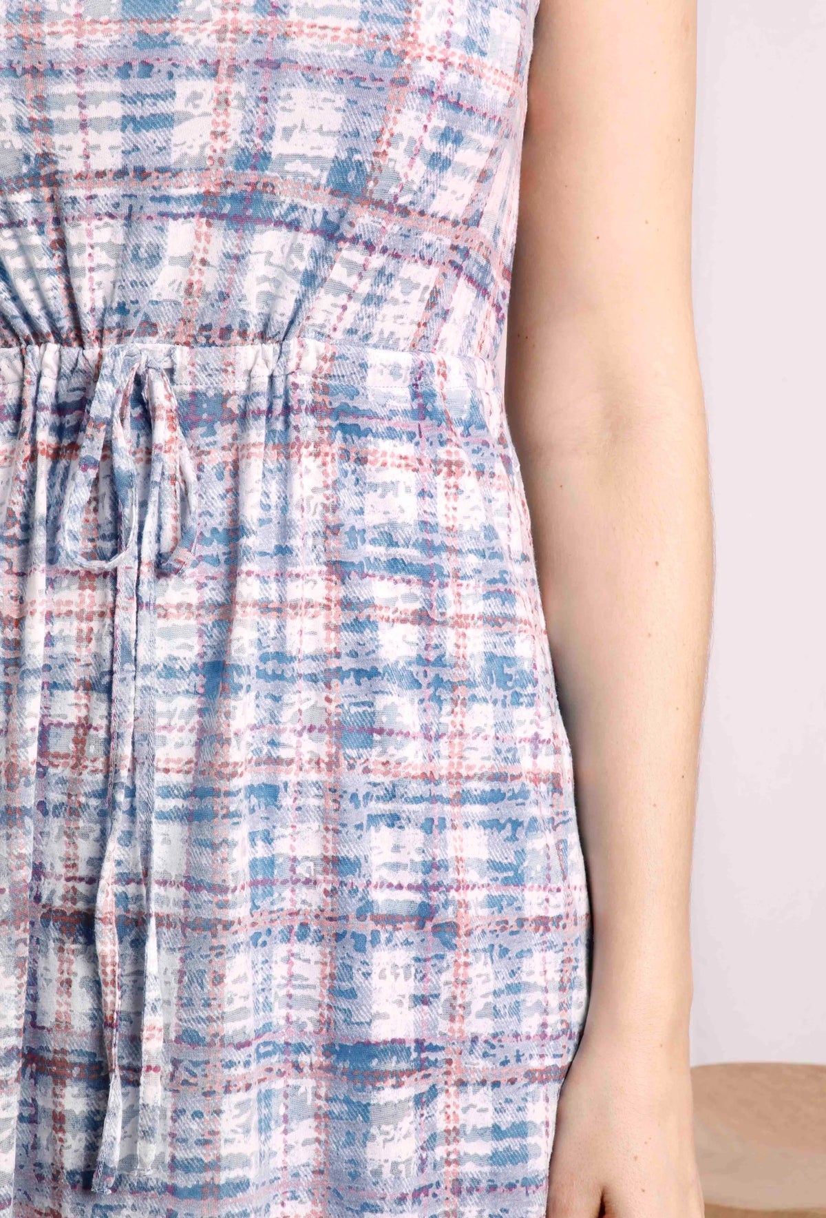 Weird Fish women's Teresia burnout dress in a blue and red check pattern with drawstring waist.