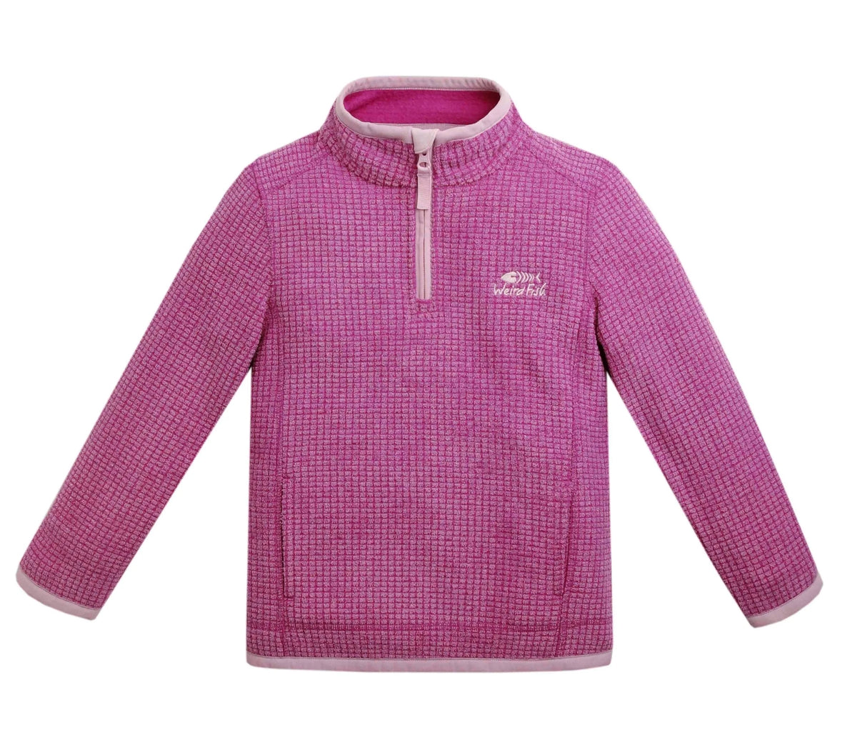 Weird Fish kids Archie Raspberry 1/4 zip grid fleece with tummy pockets.