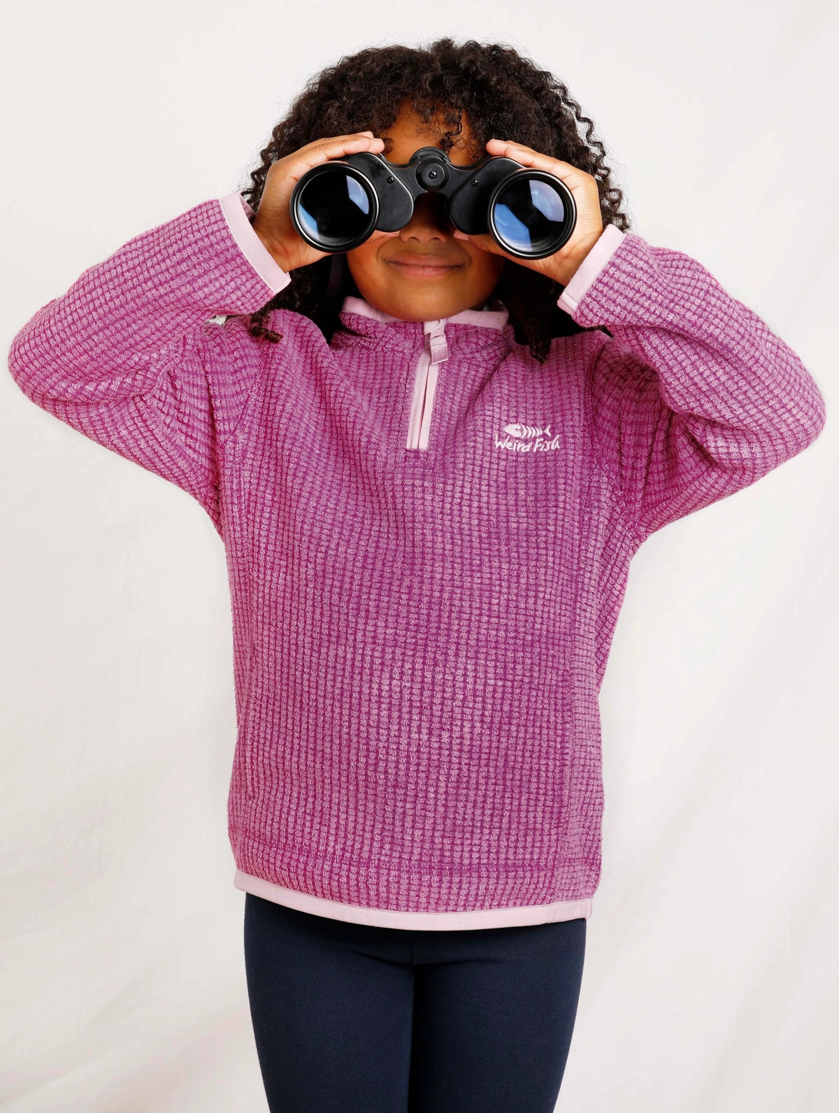 Childrens Weird Fish Raspberry 1/4 zip grid fleece.