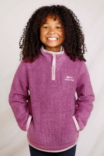 Weird Fish kids Archie 1/4 zip grid fleece in Raspberry.