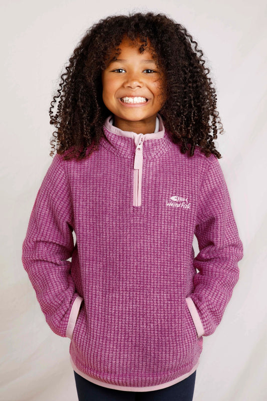 Weird Fish kids Archie 1/4 zip grid fleece in Raspberry.