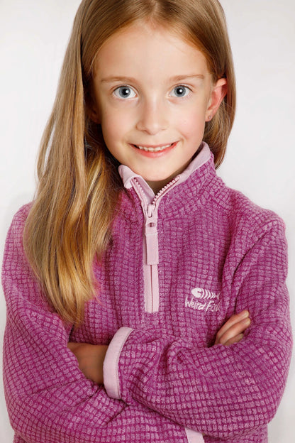 Weird Fish childrens Archie 1/4 zip grid fleece in Raspberry with pale pink trim.