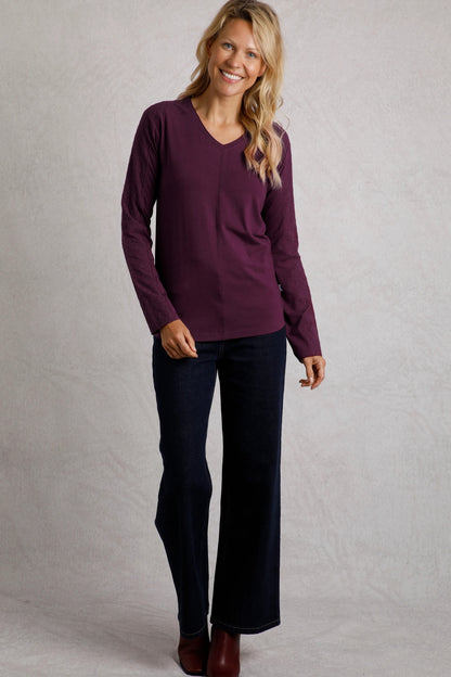 Weird Fish Womens Topia Broderie Sleeve Top - Mulled Wine