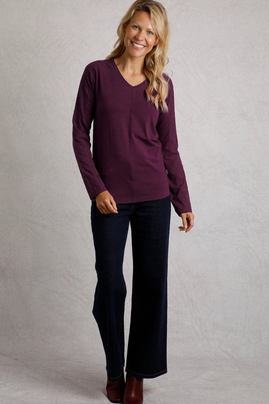 Weird Fish Womens Topia Broderie Sleeve Top - Mulled Wine