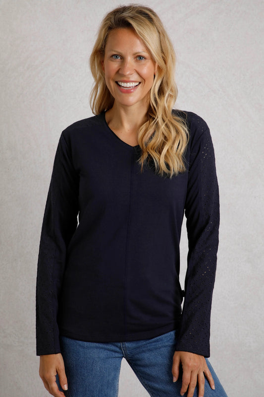 Weird Fish Womens Topia Broderie Sleeve Top - Navy