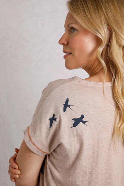 Weird Fish Womens Swirling Swallows Printed T-Shirt - Sand Dune
