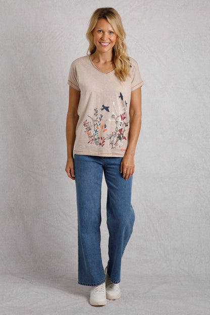 Weird Fish Womens Swirling Swallows Printed T-Shirt - Sand Dune