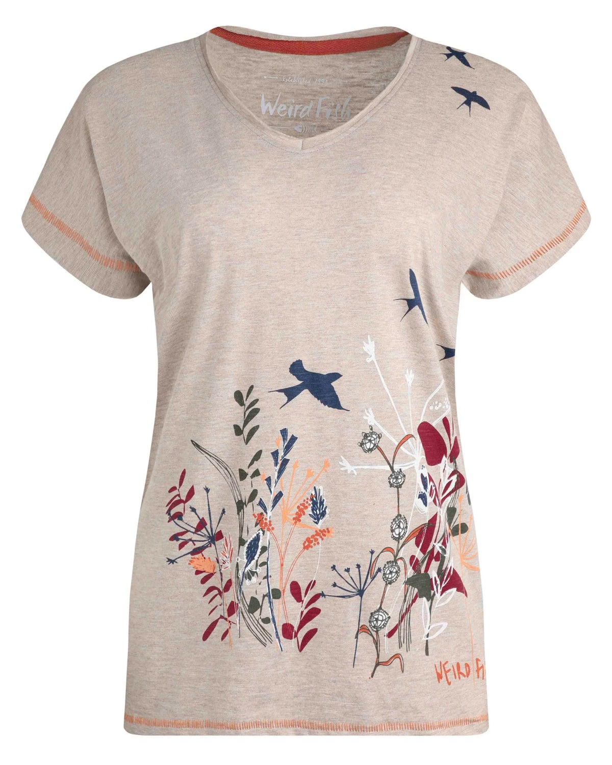 Weird Fish Womens Swirling Swallows Printed T-Shirt - Sand Dune