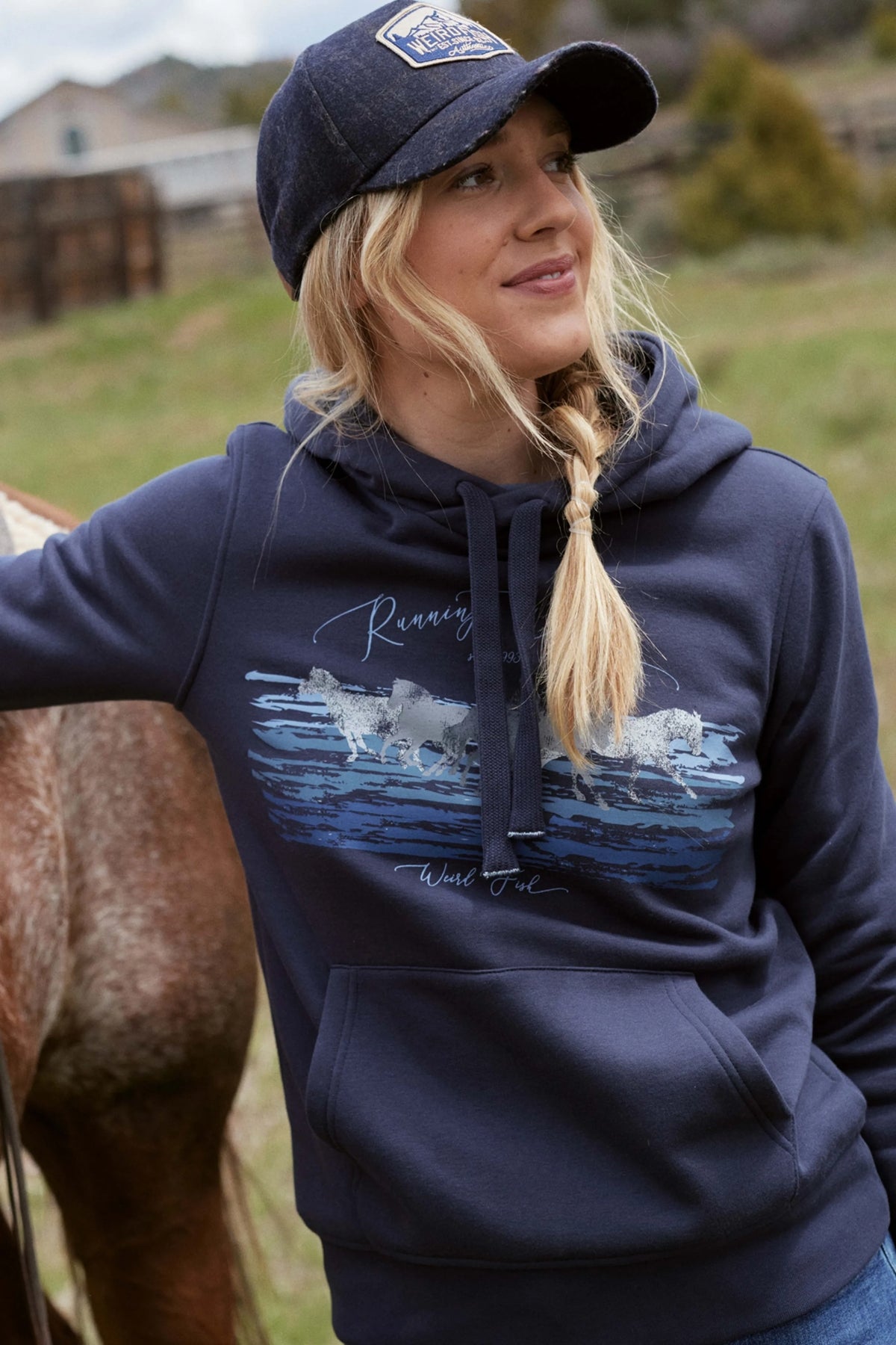 Weird Fish Womens Topaz Horse Print Popover Hoodie - Navy