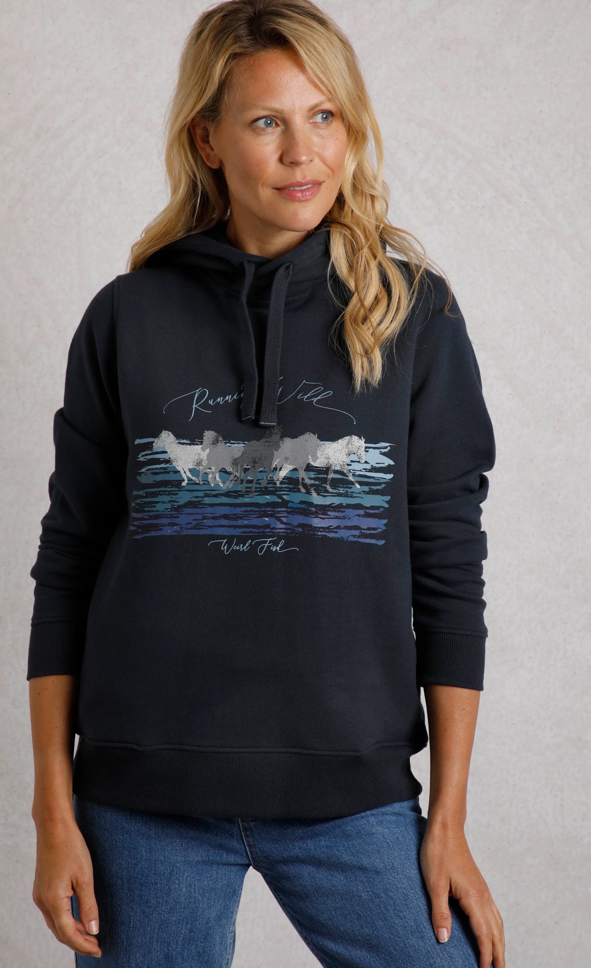 Weird Fish Womens Topaz Horse Print Popover Hoodie - Navy