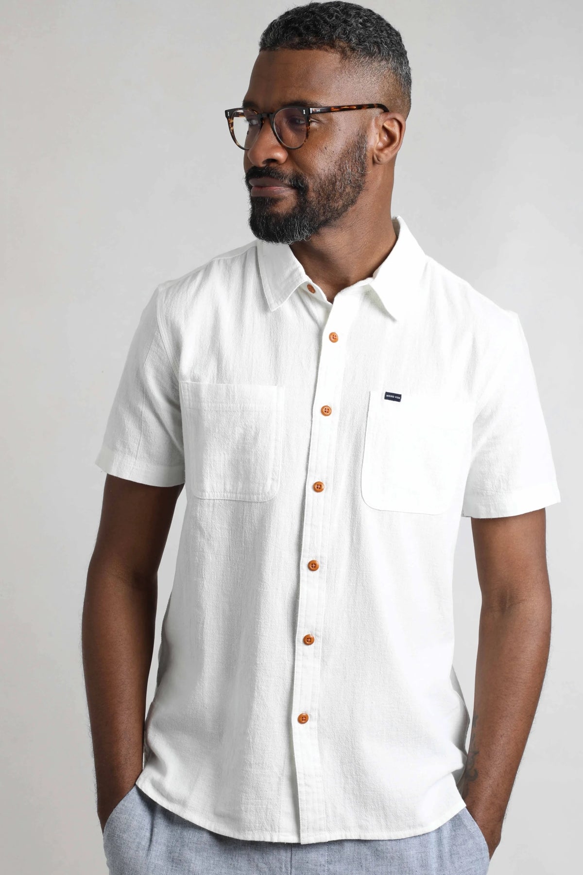 Weird Fish Mens Hinton Short Sleeve Textured Crepe Shirt - Dusty White