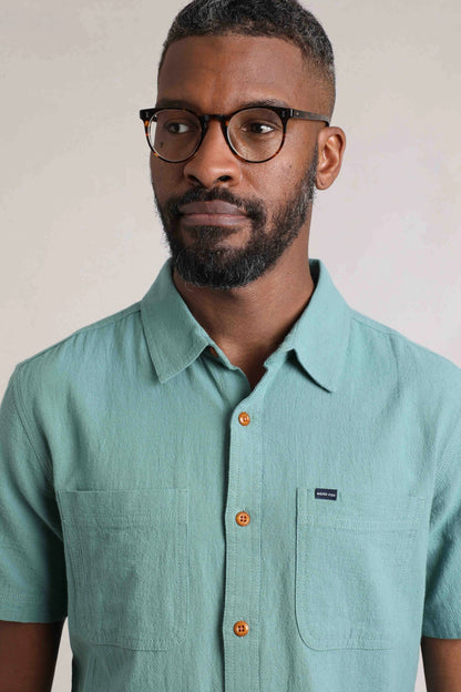 Weird Fish Mens Hinton Short Sleeve Textured Crepe Shirt - Mineral Blue