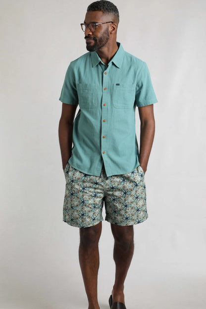 Weird Fish Mens Hinton Short Sleeve Textured Crepe Shirt - Mineral Blue